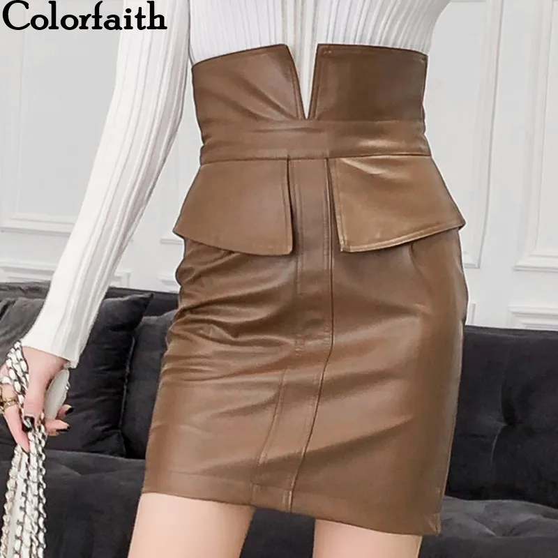Colorfaith Women's PU Leather Patchwork Pencil Skirt - Autumn Winter Fashion Hip Slit Mini Skirt image 4