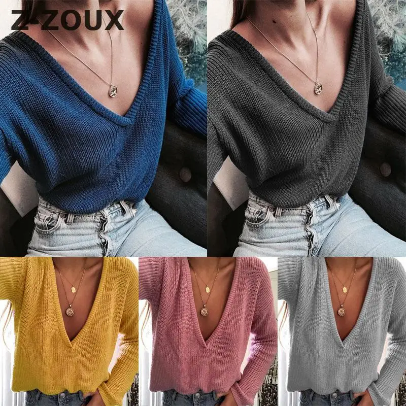 

Z-ZOUX Women Sweater V-Neck Long Sleeve Pullovers Sweater Women Pink Yellow Blue All Match Solid V-neck Sweaters 2019 New Sexy