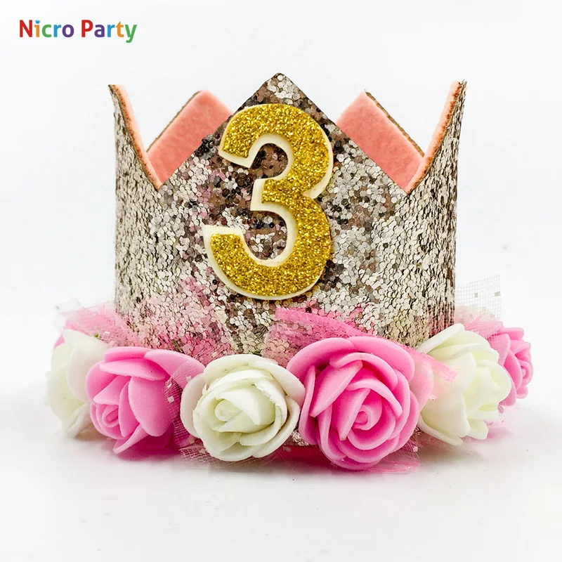 Nicro Flower Crown Birthday Hat Children's Birthday Party Decoration Cake Cap Photo Props Headwear Sequin Hat#Oth182