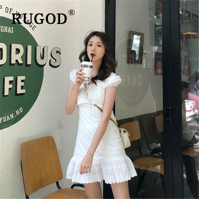 Женское ажурное платье RUGOD белое кружевное мини на шнуровке с пышными рукавами в