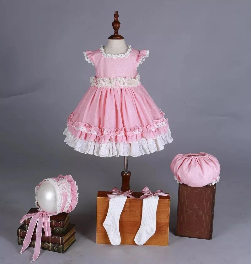 4 предмета, От 1 до 7 лет платье принцессы в стиле Лолиты с розовыми цветами для девочек на лето и осень винтажное испанское платье для девочек, платье для свадьбы, дня рождения