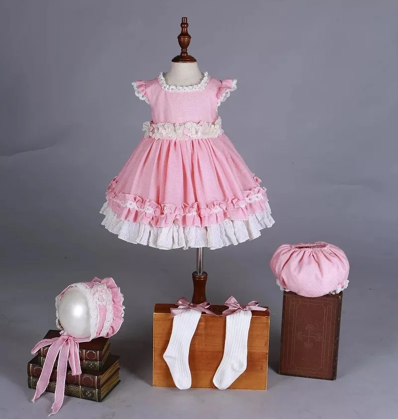 

4PCS 1-7Y Girl Summer Autumn Pink Flower Lace Princess Lolita Dress Vintage Spanish Dress for Girls Wedding Birthday Party Dress