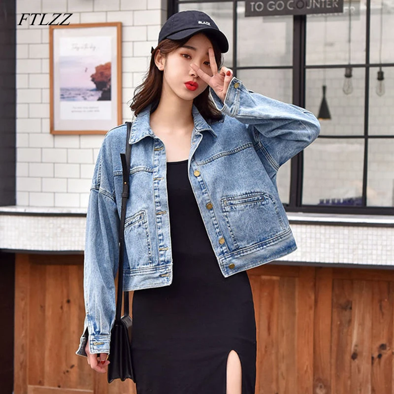 FTLZZ 2019 Новые короткие джинсовые куртки с длинным рукавом для Для женщин Весна