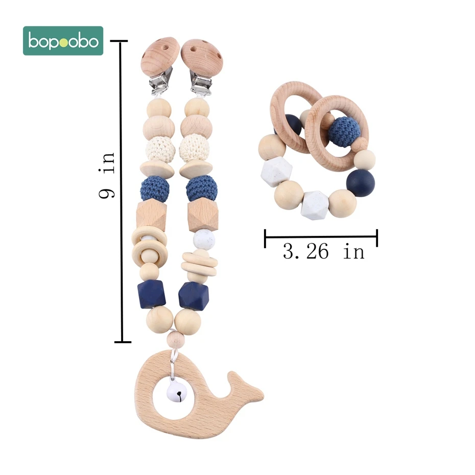 Деревянная детская игрушка, зажим для коляски, детская Мобильная коляска, персонализированная силиконовая цепочка для пустышки из бисера, Жевательная из силикона, погремушка, деревянный Прорезыватель для малышей - Цвет: Blue Set 3