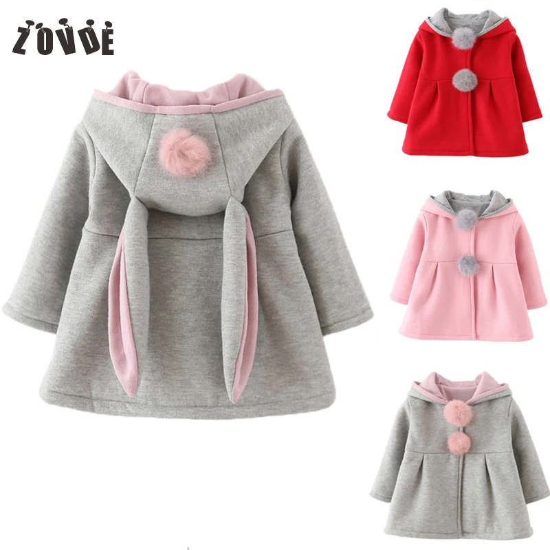 

2018 Autumn Winter Baby Girls Jackets Rabbit Ears Hooded Casual Outerwear Coats Cotton Solid Color Gray Children Clothing