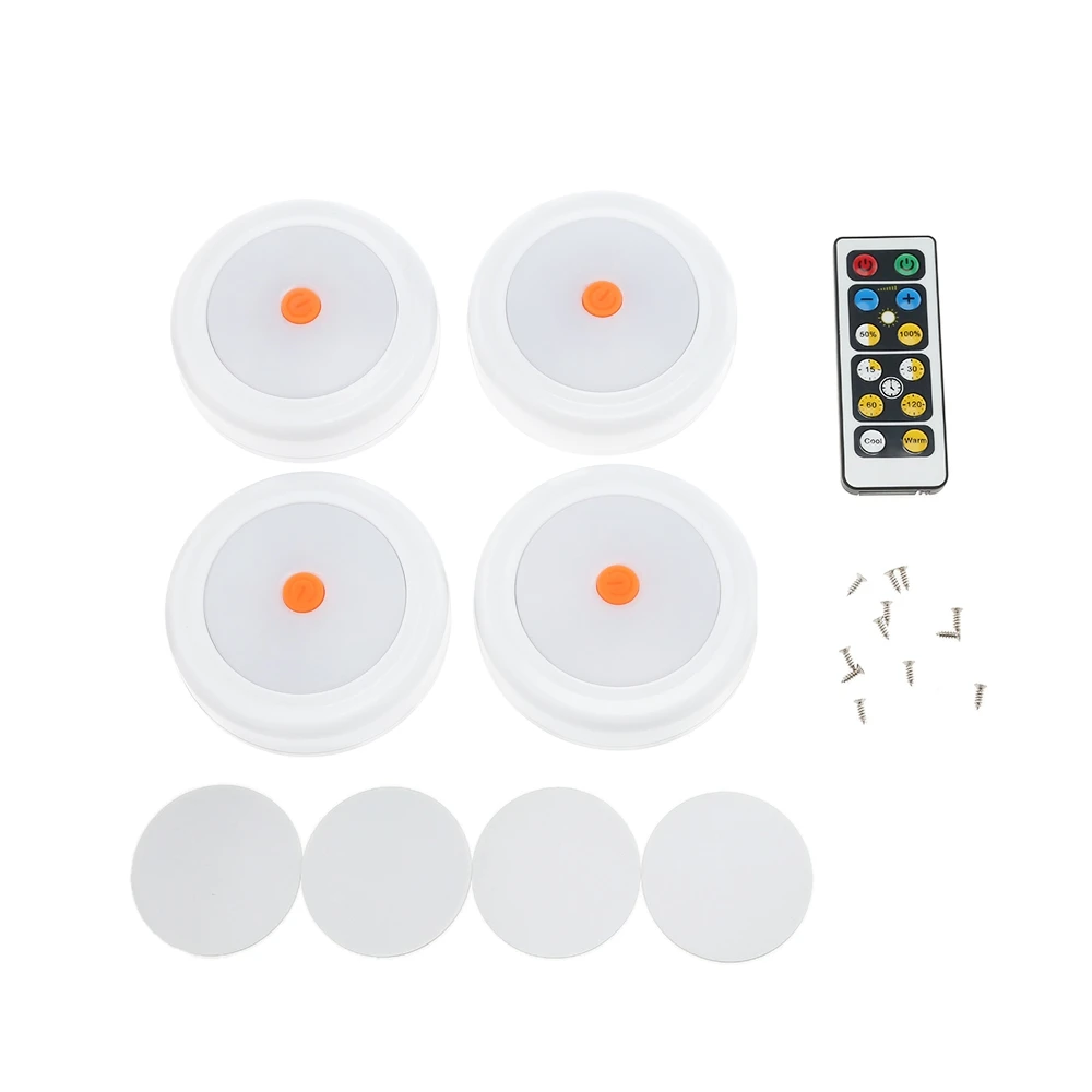 

Hot 4pcs Led Night Light Remote Controller Two Lighting Colors Dimmable Light Wall Lamp Wireless Puck Closet Battery Power Light