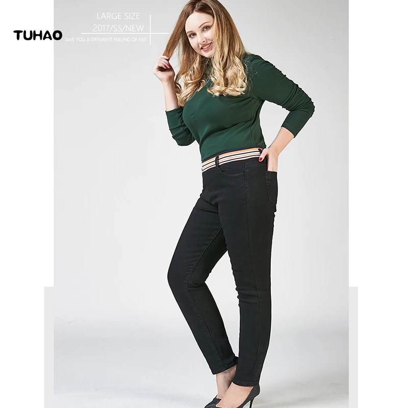 Весенние женские джинсы размера плюс 7XL 8XL с высокой талией Черного и синего цвета, обтягивающие офисные узкие брюки, женские эластичные брюки PT16