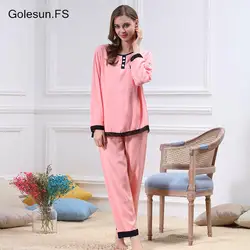 Высокая Для женщин Демисезонный Pijama смесь хлопковые пижамы комплект Круглый воротник Удобная пижама одежда для сна M5116