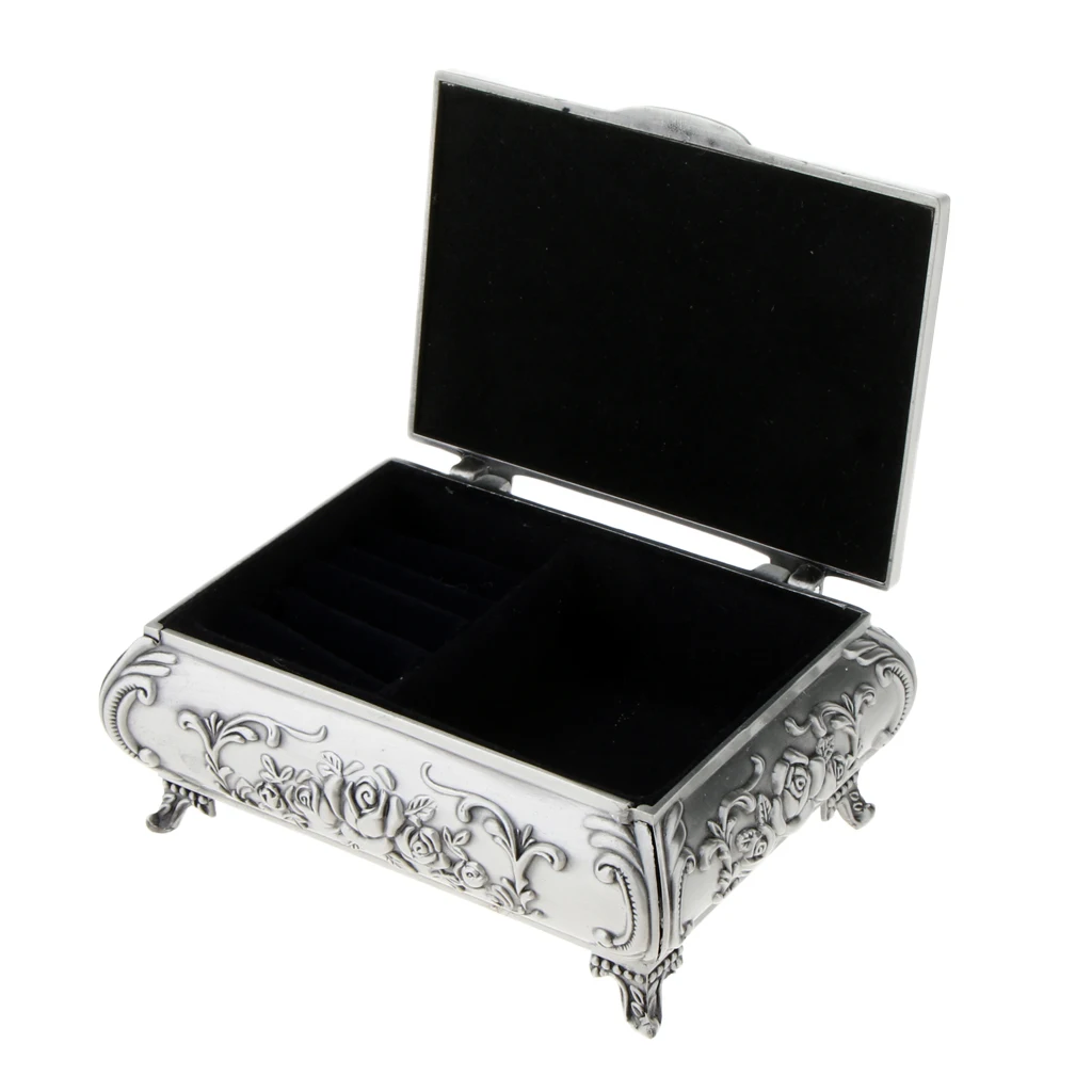MagiDeal Vintage Jewelry Storage Box Rectangle Zinc Alloy with Antique Rose Flower