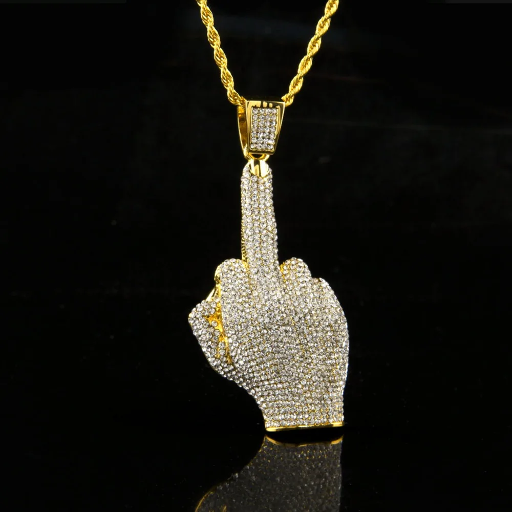 Europe and the United States hip-hop Gold color rhinestone pendant vertical middle finger hip-hop twisted necklace