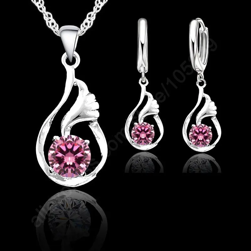 Роскошные элегантные блестящие кубические циркония 925 пробы, серебро, белое золото, женская свадебная подвеска, ожерелье, серьги, ювелирные наборы - Окраска металла: Pink