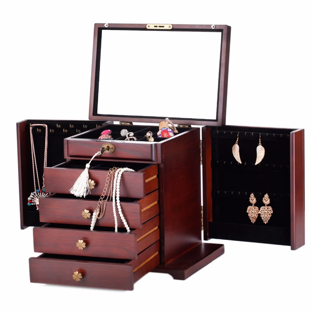 

ROWLING Large Jewellery Wooden Boxes Brown Wood Flower Pattern Mirror Cabinet 5 Layers Ring Earings Display Luxury Organizer