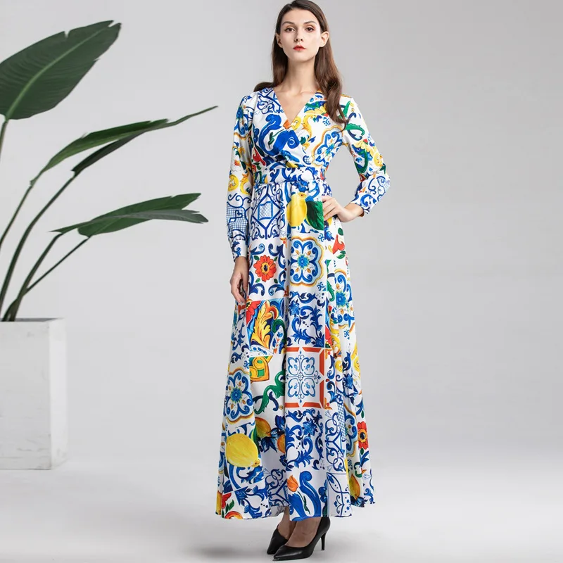 

New 2019 spring summer runways long sleeves V neck maxi dress Italy style retro print dress D871