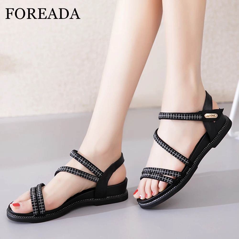 

FOREADA Women Sandals Summer Shoes Natural Genuine Leather Wedge Heels Shoes Rhinestone Open Toe Sandals Ladies Gold Size 4-9 40