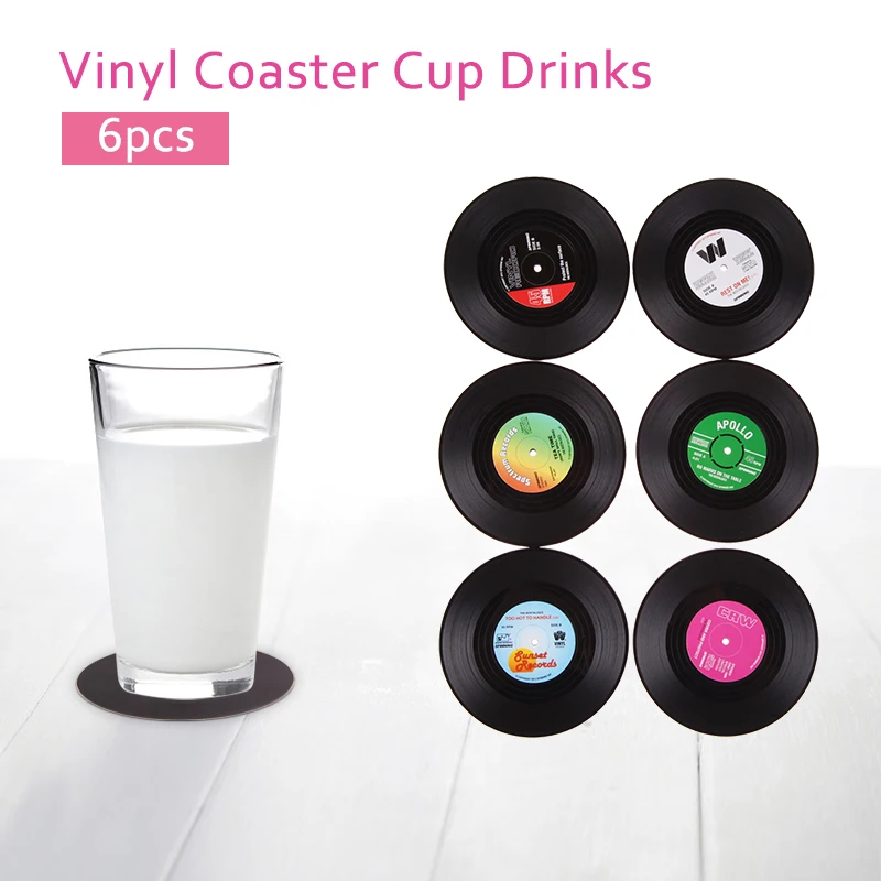 

6 PCS Environmental Plastic Vinyl Record Table Placemats Simple and Creative Mug Coaster Heat-resistant Cup Coasters AKUHOME