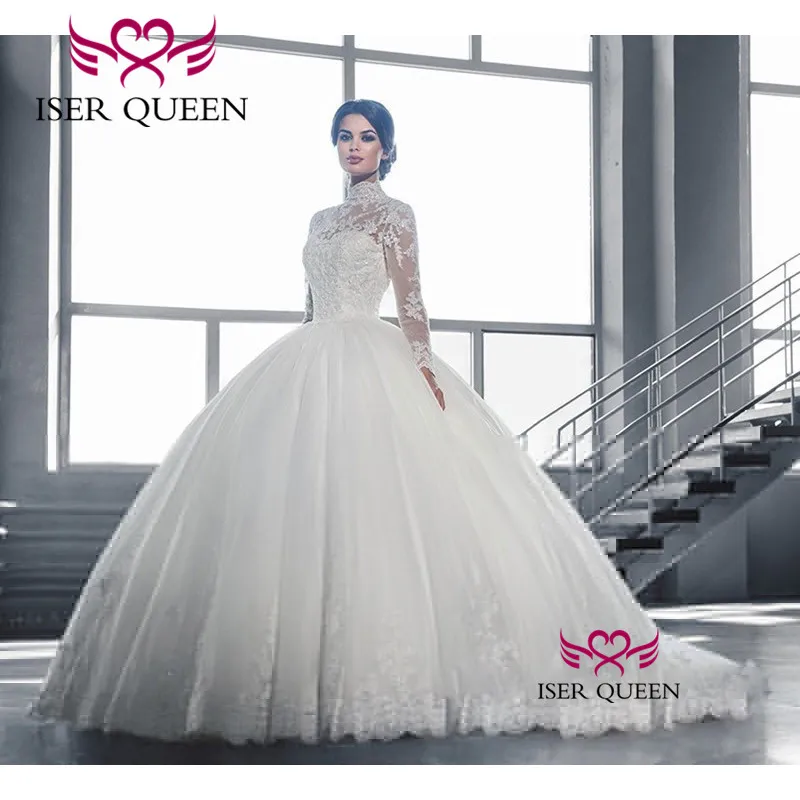 

Elegant High Neckline See-through Sleeves with Embroidery Bright Sequined Wedding Dresses Button Ball Gown Tiered Sheer w0019