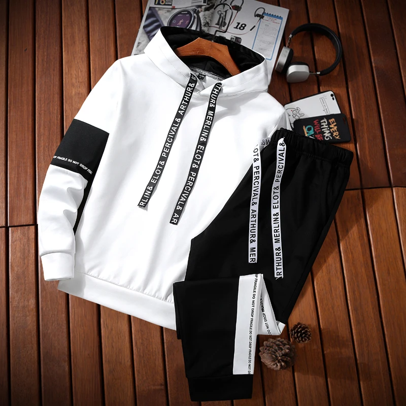 

2019 Two piece Men Sportswear Hoodies Set Spring clothes Tracksuits Male Pullover Sweatshirts + Joggers Track Suits Plus Size