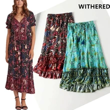 Увядший Цветочный в богемном стиле печать эластичный пояс mixi миди юбка женская faldas mujer moda длинные юбки женские большие размеры