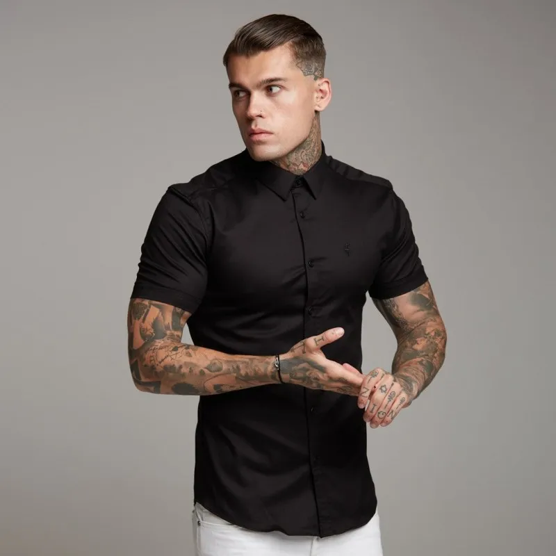 Мужские рубашки свободного размера, лето, брендовая одежда, Camiseta Masculina, черная, белая, хлопковая, с коротким рукавом, мужская рубашка - Цвет: Черный