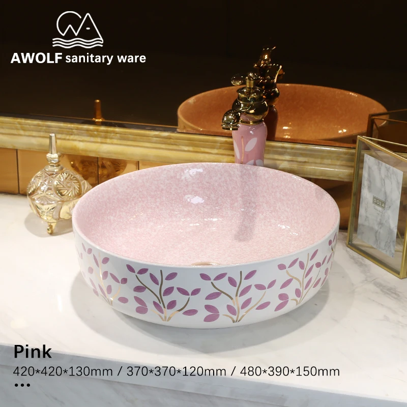 

Ceramic Sink For Bathroom Balcony Lavatory Toilet Vessel Basin Sinks Round Design Pink Above Counter AM824