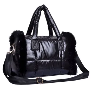 

2018 New Rabbit fur Winter Space Bale Woman Cotton Totes Feather Padded Shoulder Bag Christmas gift bag Designer lady
