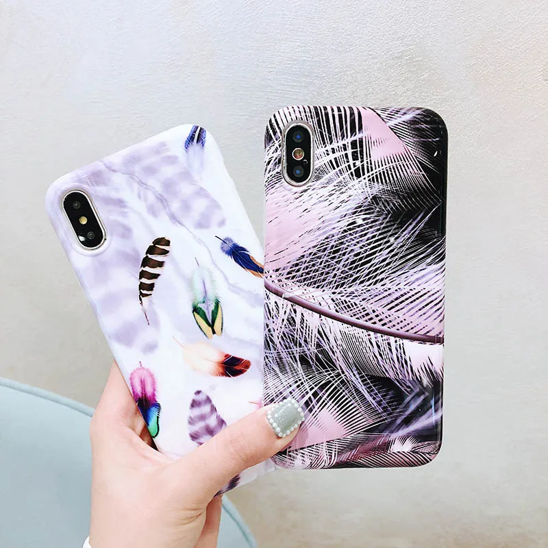 

Print Feather Phone Case For iPhone 6 6S 7 8 Plus X XR XS MAX 11 Pro Max Soft Silicone TPU Shell Marble Back Cover Cases Coque