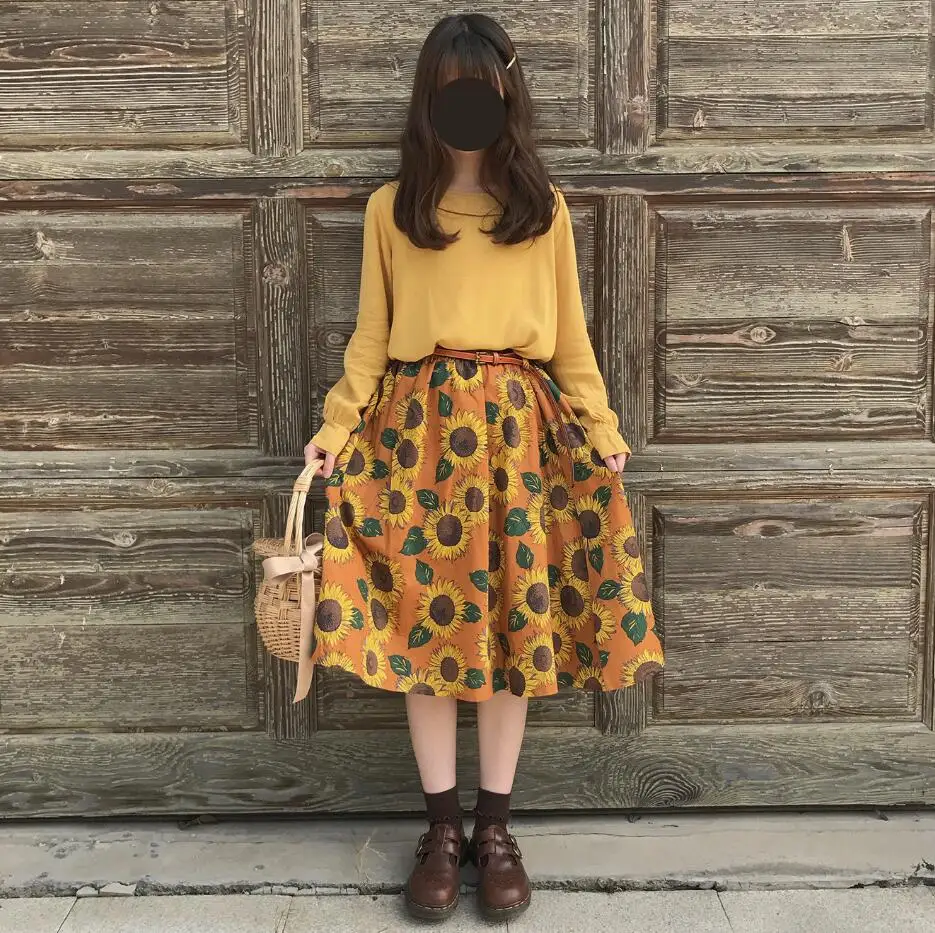 

Summer Vintage Sunflower Elastic Waist Skirt