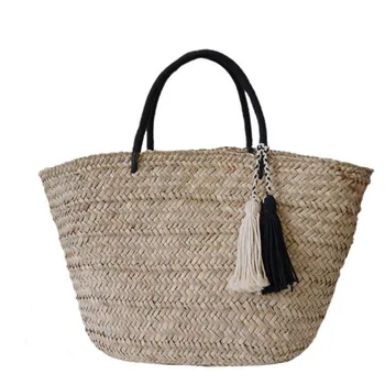 

Hot Cotton Knitted Bag Wood Handle Women Bag Hollowed Out Straw Woven Beach Japanese Style Tote Knitting Versatile Bag