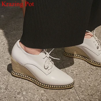 

Krazing Pot Autumn genuine leather high heels wedge women pumps round toe brand straw lace up office lady party casual shoes L06