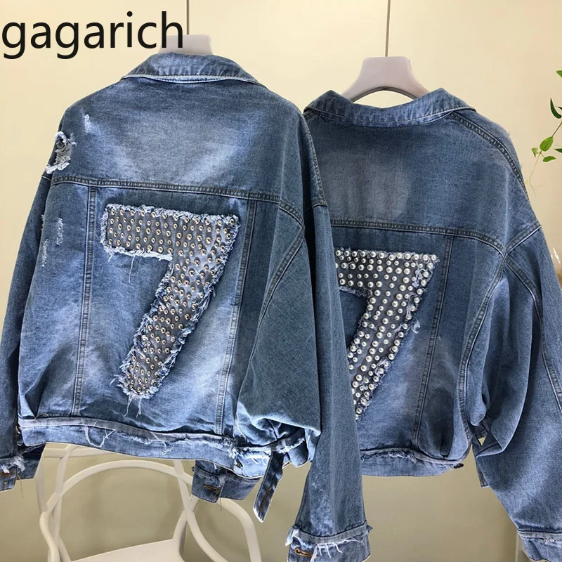 

Gagarich Women Jacket 2019 Korean Version Loose Bat Sleeve Heavy Industry Nail Pearl Digital Hollow Out Denim Long-sleeve Coat