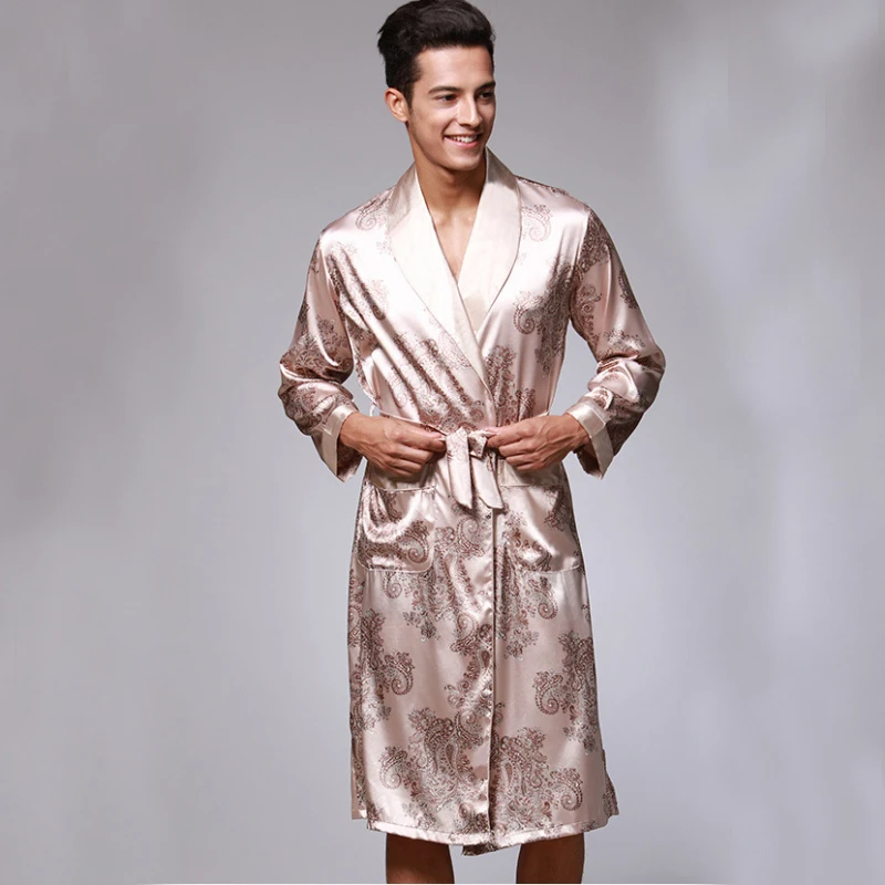 SSH070 атласный шелковый халат мужчины весна осень пижама с длинными рукавами халат Высокое качество халат пикантные шелковые Домашняя