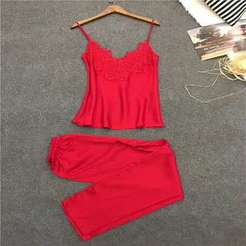 

New Fashion Womens Lady Sexy Lingerie Silk Pajama Sets Nightdress Sleepwear Underwear Summer Lace Sleeveless Ankle-Length Pants