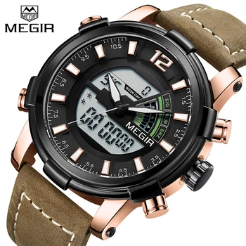 

2018 MEGIR New Men's Fashion Sport Watch Men Leather Waterproof Quartz Watches Male Digital LED Analog Clock Relogio Masculino