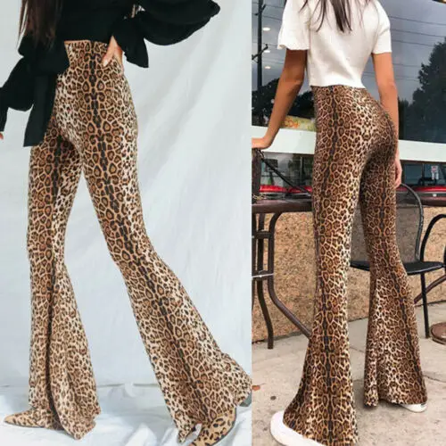 

Women Leopard Print Flare Pants High Waist Culotte Palazzo Casual Loose Trousers