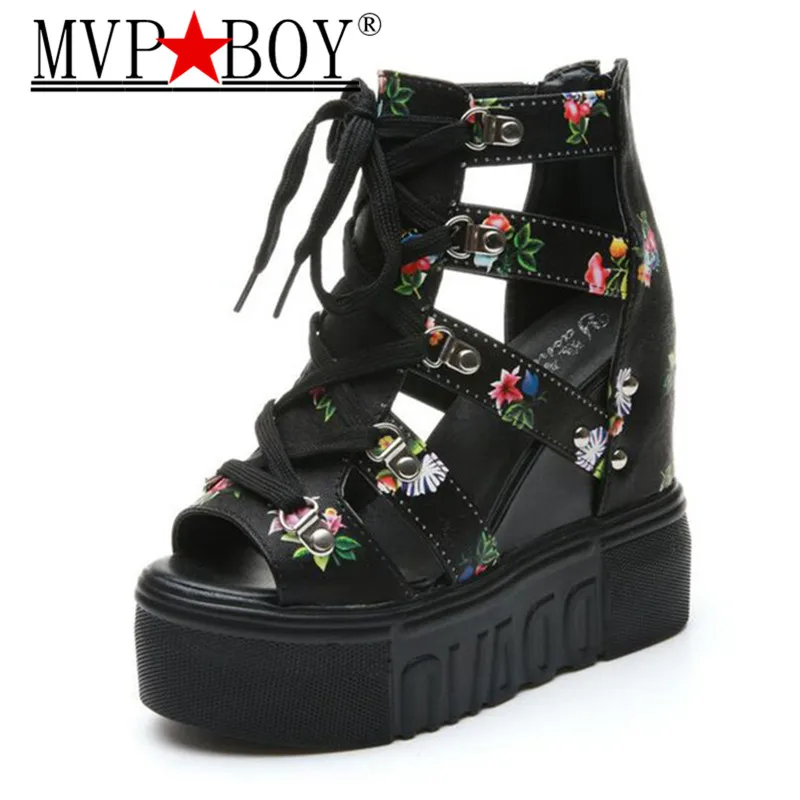 

Mvp Boy Flower Decoration 2018 Women Wedge Sandals 12 cm High Heel Lace-up Sandals Wearing Woman Vacation Shoes white black