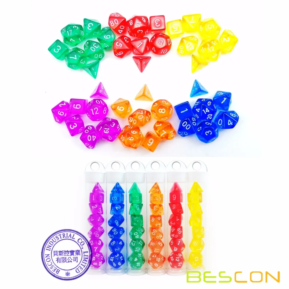 

Bescon Mini Translucent Polyhedral RPG Dice Set 10MM, Small RPG Dice Set D4-D20 in Tube Packaging, Assorted Colored of 42pcs