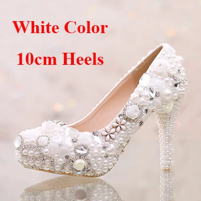 Милые свадебные туфли цвета белого жемчуга True Love туфли на платформе со стразами для свадеб Туфли для взрослых для свадебной церемонии и вечеринки На высоком каблуке ручная работа - Цвет: White 10cm Heels
