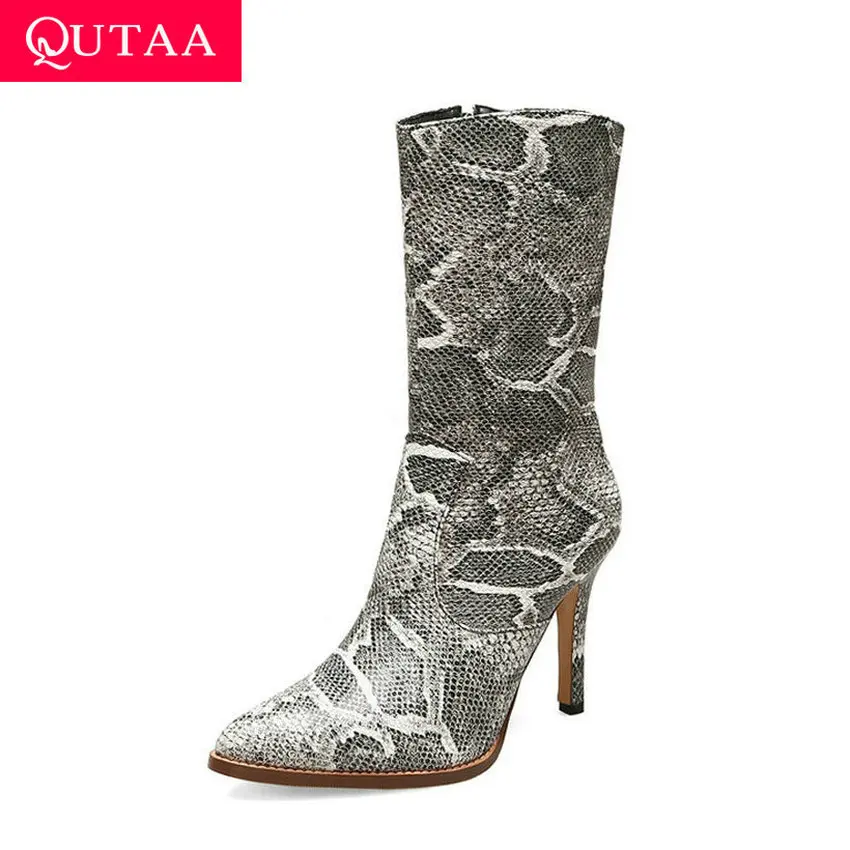 QUTAA 2020 PU Leather Snakeskin Thin High Heel All Match Women Shoes Fashion Pointed Toe Zipper Winter Mid Calf Boots Size 34-42 QUTAA 2020 PU Leather Snakeskin Thin High Heel All Match Women Shoes Fashion Pointed Toe Zipper Winter Mid Calf Boots Size 34-42