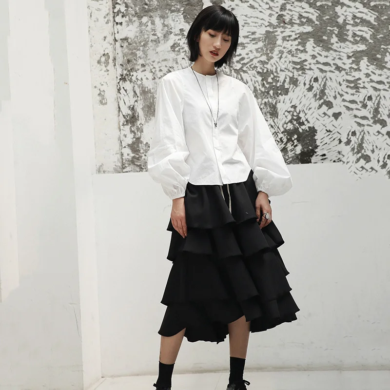  [EAM] 2020 New Spring Summer Stand Collar Long Lantern Sleeve Temperament White Loose Shirt Women B