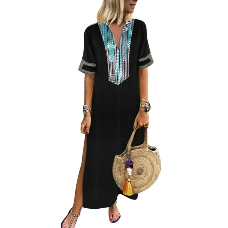 Laamei New Oversized Women's Long Dress Summer Boho Slim Flower Print Short Sleeve Dress Beach Slit Black Dresses 5XL - Цвет: black