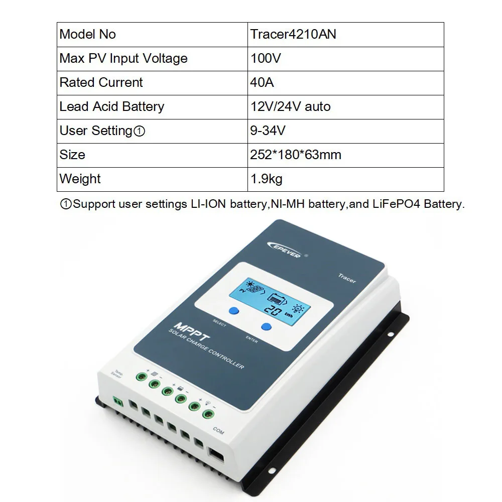 40 Вт, 30 Вт/20/10A Tracer EPSOLAR MPPT Контроллер заряда для фотоэлектрических систем MT50 WI-FI bluetooth RTS300R47K3.81A CC-USB-RS485-150U мобильное приложение - Цвет: Tracer4210AN