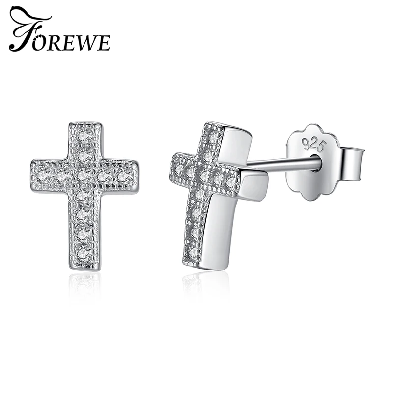 

FOREWE 925 Sterling Silver Female Stud Earrings Clear AAA Cubic Zircon Faith Cross Silver Earrings for Women Fashion Jewelry