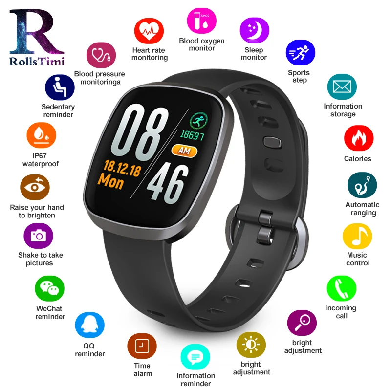 

RollsTimi Men's Smart Watches Waterproof Sports Fitness Tracker Wristband Full Touch Screen Blood Pressure Smart Wrist Watch New
