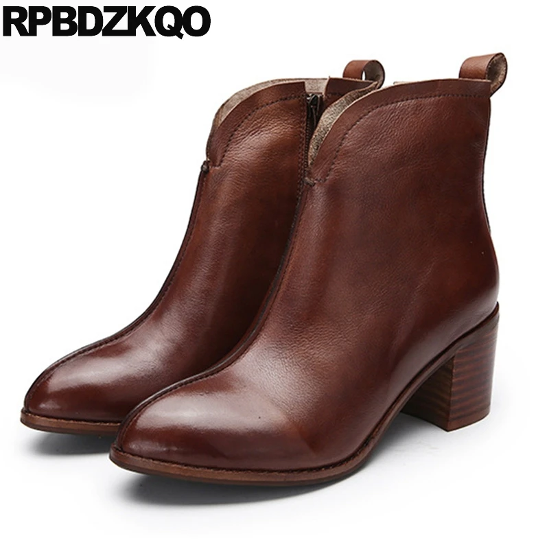 

High Quality Ankle Short Booties 2017 Autumn Chunky Retro Shoes Brand Women Winter Boots Genuine Leather Round Toe Brown Fall