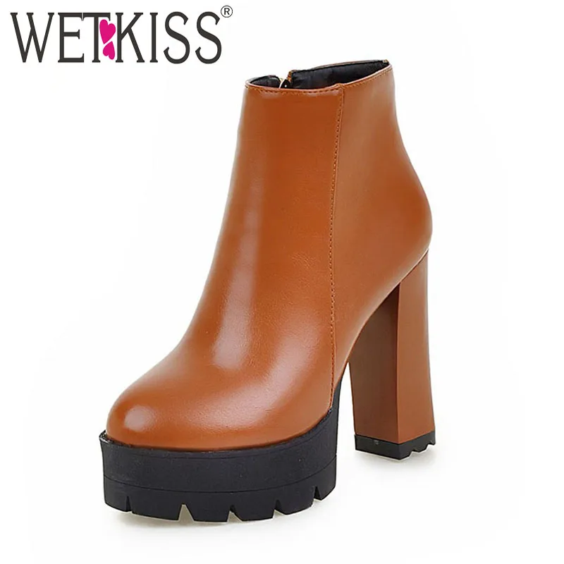 

WETKISS Large Size 43 Thick Platform High Heels Ankle Boots Women Hot Sale Shoes Woman All Match Solid Female Fall Winter Boots