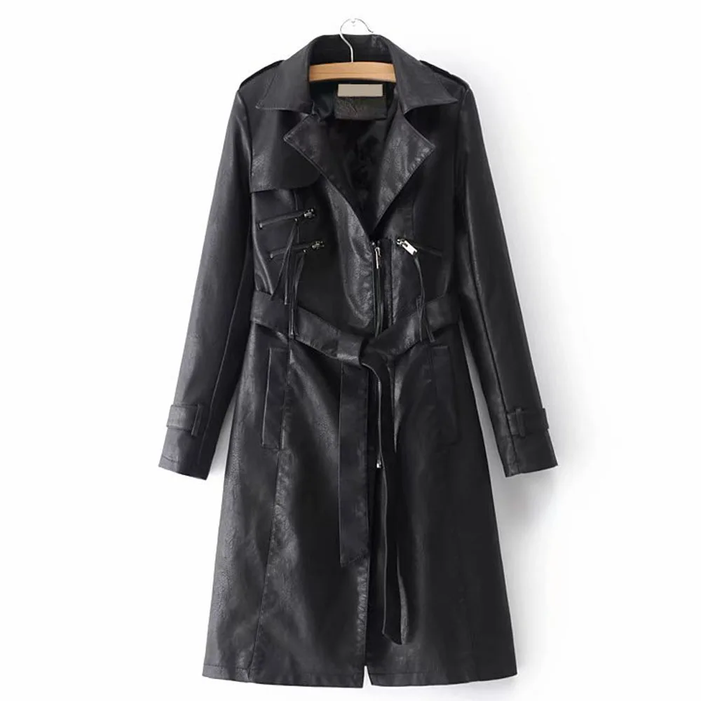 

ANSFX Stylish Faux Leather Long Trench Jacket Turn-down Collar Sashes Tied Bow Long Sleeve Coat Women Outwear PU Tops 4 Colors