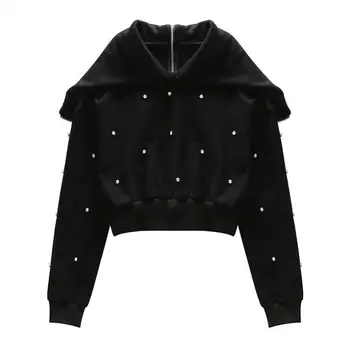 

Diamond fashion long sleeve short Hoodies female casual zipper tops spring new cotton turn-down collar Sweatshirts gx1669