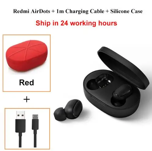 Xiaomi Redmi Airdots TWS Bluetooth 5,0 наушники стерео басы Eeadphones с микрофоном Handsfree Наушники управление AI - Цвет: Add Cable Red Case