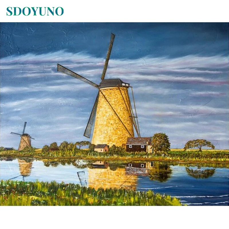 

SDOYUNO Frame Windmill DIY Painting By Numbers Landscape Coloring By Numbers Wall Art Decor Paintings For Living Room Artwork