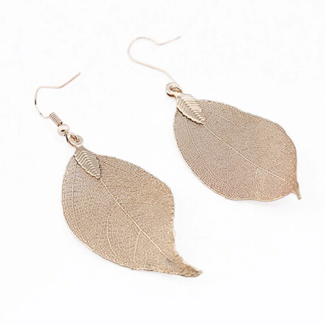 Vintage Leaves Earrings Necklaces Shellhard Long Natural Real Dipped Leaf Leaves Dangle Earring Ethic Women Jewelry 4Colors